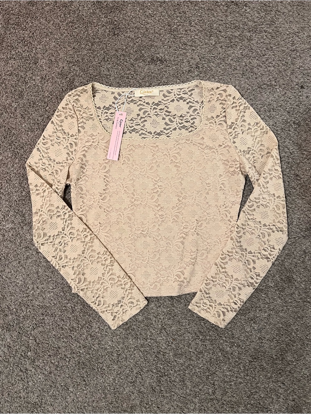 Beige Floral Lace Long Sleeve Crop Top - New With Tag